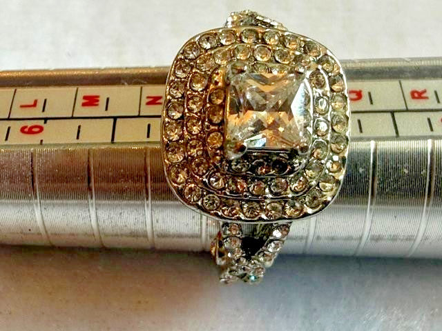 Silver Tone Clear Rhinestone Cushion Halo Split Shank Ring Size 8