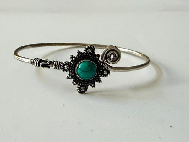 Silver Tone Faux Turquoise Spiral Hook Bangle Bracelet Boho Southwestern