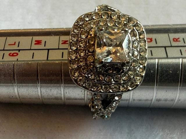 Silver Tone Clear Rhinestone Cushion Halo Split Shank Ring Size 8