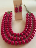 Pink Beaded Necklace & Earrings Set Triple Strand 15" Statement Jewelry