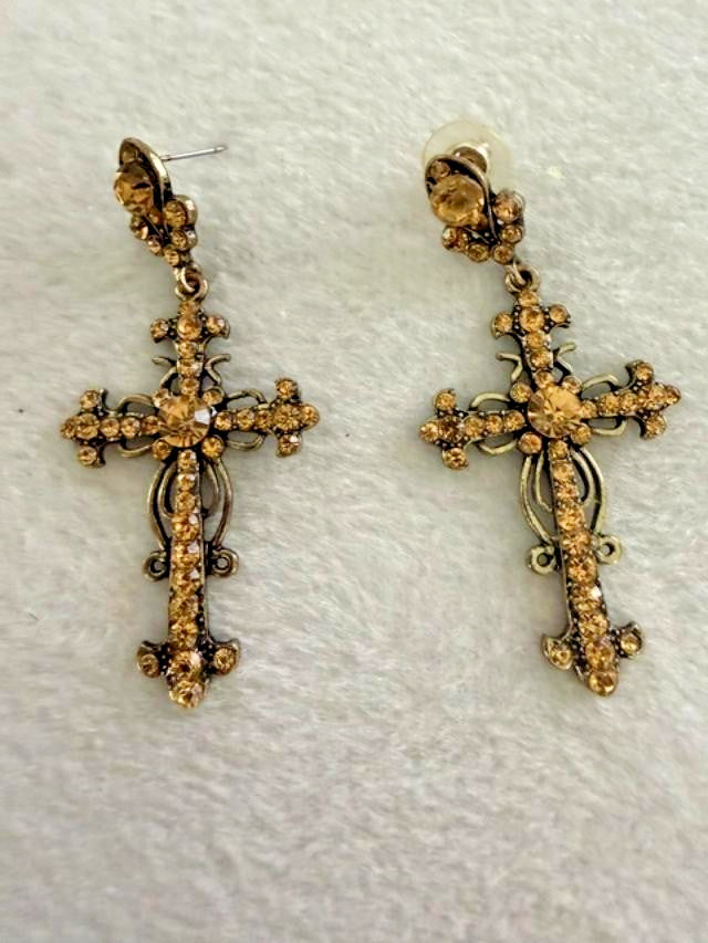 Gold Tone Rhinestone Cross Dangle Earrings 2.5" Ornate Statement Pierced