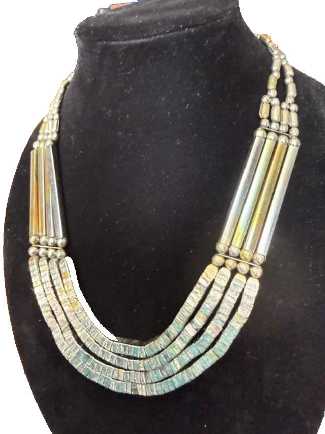 Vtg Egyptian revival tribal statement Bib necklace silver tone beads