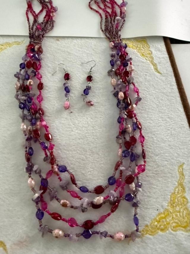 Multi Strand Boho Beaded Necklace Matching Earrings Purple Pink Set 30 inch