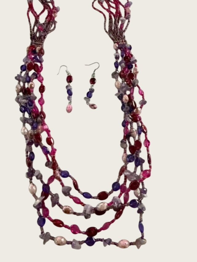 Multi Strand Boho Beaded Necklace Matching Earrings Purple Pink Set 30 inch
