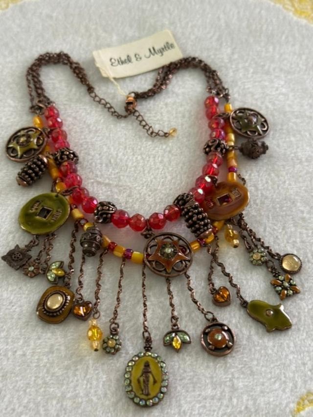 Ethel & Myrtle Boho Charm Necklace Red Bead Copper Tone Statement 15”