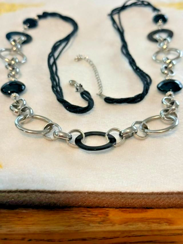 Black Cord Silver Tone Oval Link Statement Necklace 40 Inch Long