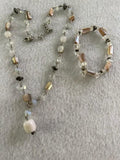 Mother of Pearl Shell Bead Necklace & Bracelet Set Crystal Silver Tone