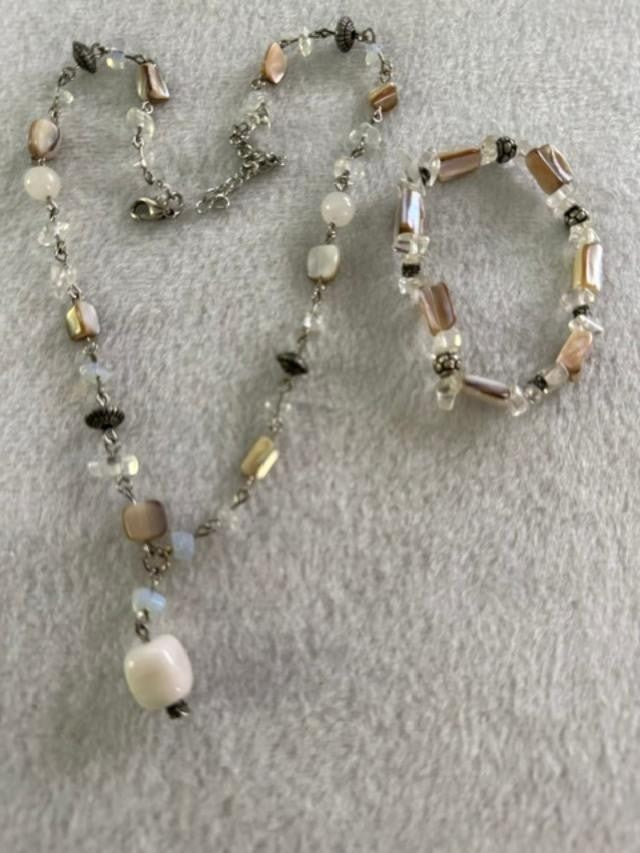 Mother of Pearl Shell Bead Necklace & Bracelet Set Crystal Silver Tone