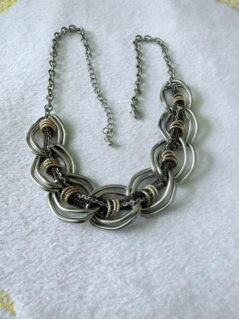 Mixed Metal Chunky Oval Link Multi Strand Statement Necklace Silver Gold Tone