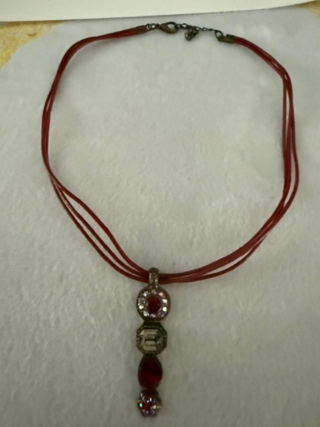 Vintage Red Multi Strand Cord Necklace Rhinestone Glass Pendant AB Crystal 16 in