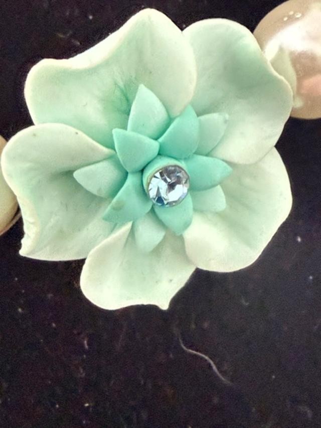 Signed Tiara Misu Aqua Floral Faux Pearl Statement Necklace Rhinestone 16"
