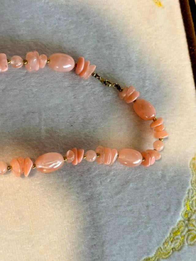 Pink Beaded Necklace With Gold Tone Clasp and Spacers