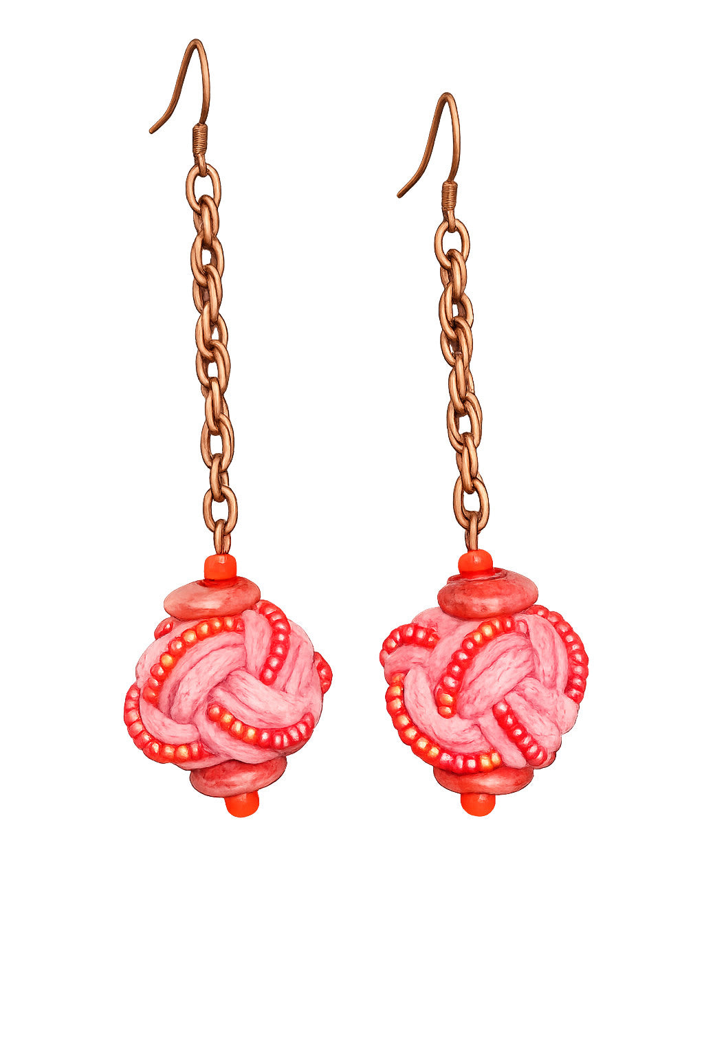 36" Boho Pink Woven Textile Bead Necklace & Earring Set Copper Tone Artisan Sty