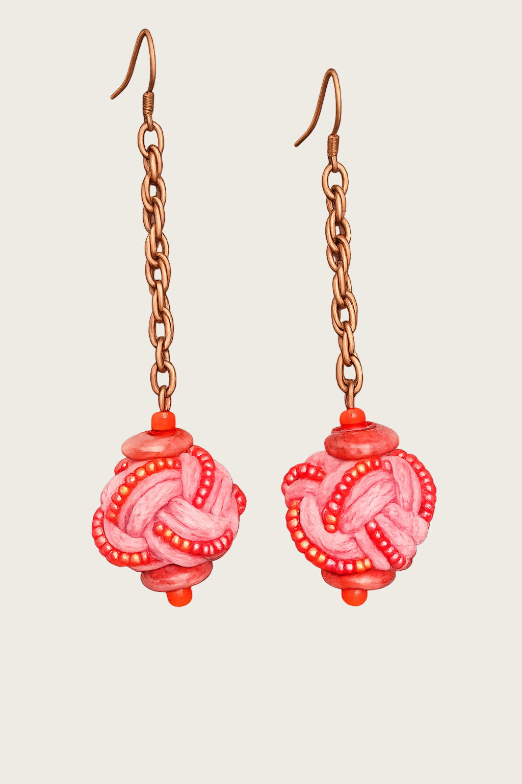 36" Boho Pink Woven Textile Bead Necklace & Earring Set Copper Tone Artisan Sty