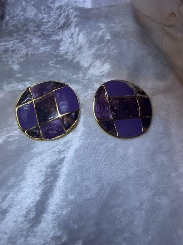 Vintage Clip-On Earrings. Purple & Gold Circle.,  1.5”Diam