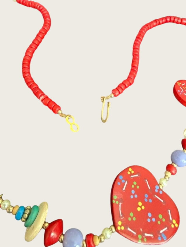 Vintage 1990s Hand Painted Wood Red Heart Bead Necklace Folk Art 30 Inch