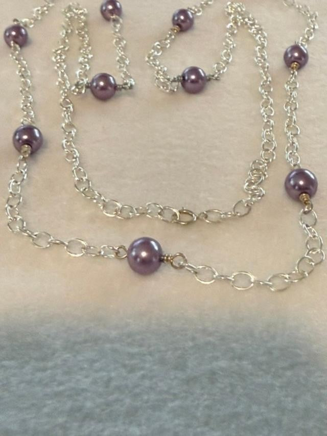 Long Silver Tone Purple Faux Pearl Station Necklace 40 Inch