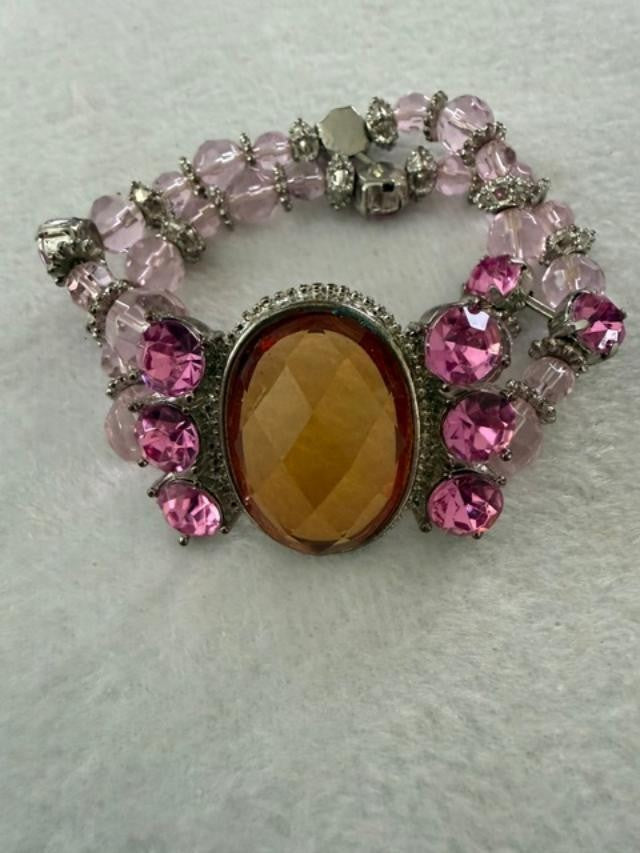 Pink Rhinestone Stretch Bracelet Amber Faceted Center Stone Silver Tone Boho