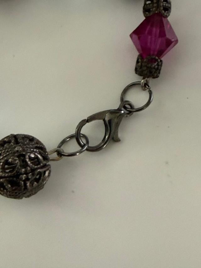 Vintage Filigree Ball Bead Bracelet Blue Fuchsia Crystal Silver Tone 7"