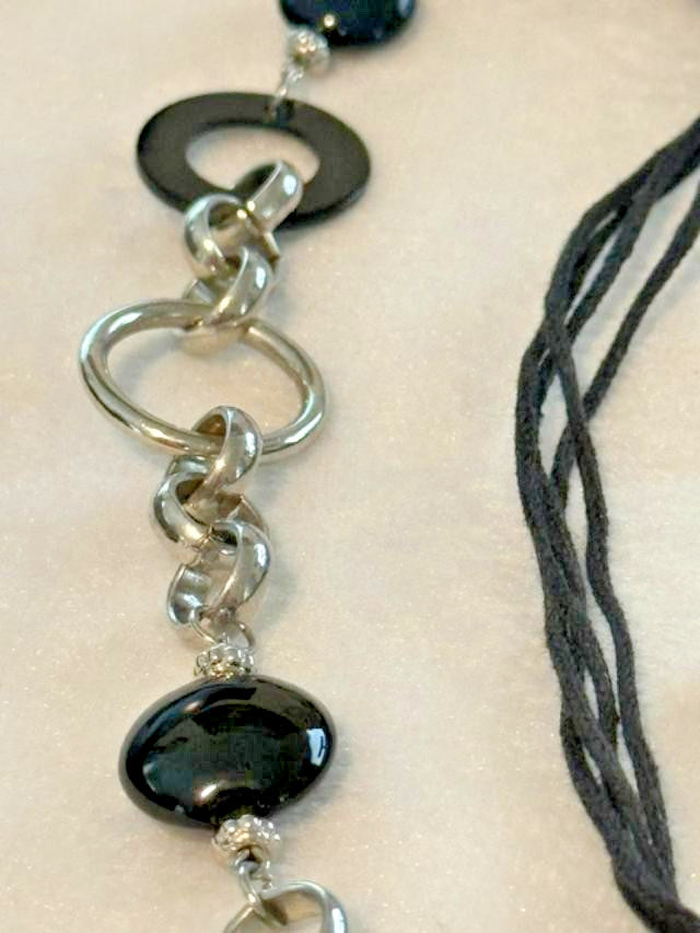 Black Cord Silver Tone Oval Link Statement Necklace 40 Inch Long