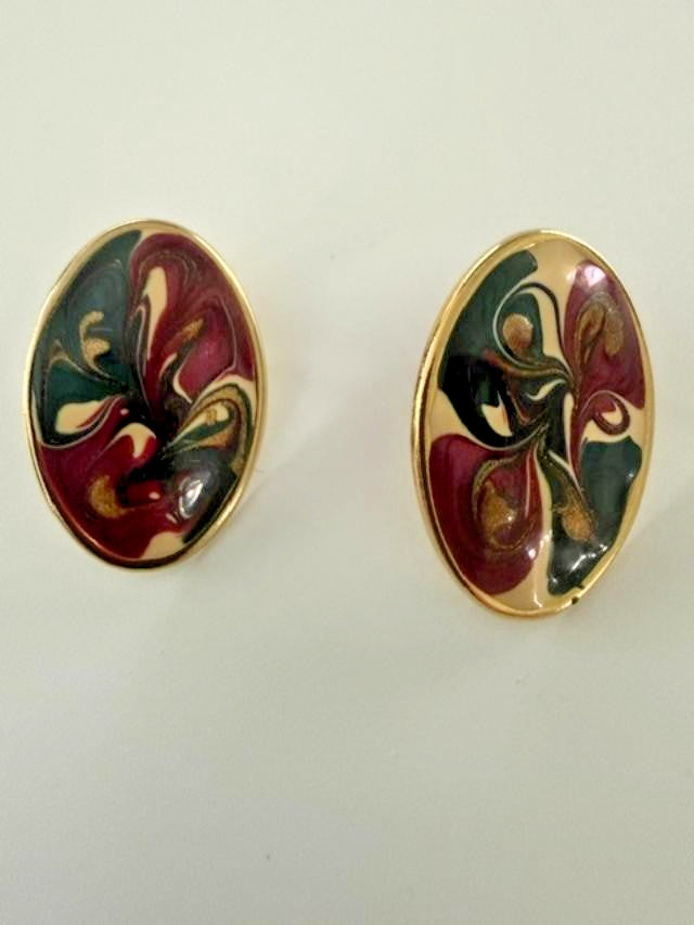 Vintage Style Oval Marbled Enamel Pierced Earrings Burgundy Green 1"
