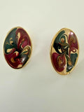 Vintage Style Oval Marbled Enamel Pierced Earrings Burgundy Green 1"