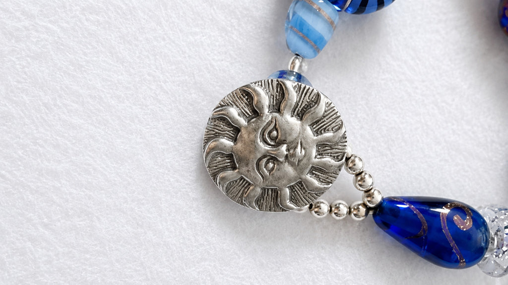 Handmade Blue Lampwork Glass Bracelet Sun Dog Cheerleader Charms 3"