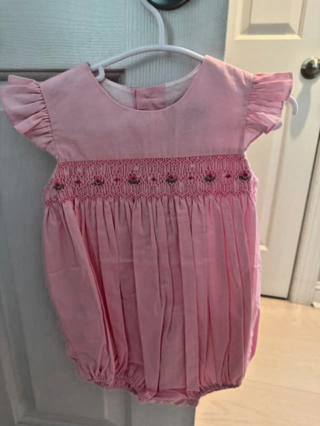 Fantaisie Bebes Pink Smocked Floral Ruffle Bubble Romper Baby Girl 18M NWT