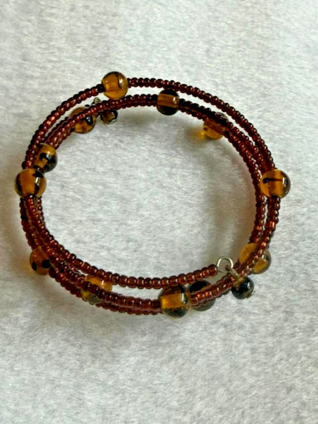Brown Amber Glass Seed Bead Memory Wire Wrap Bracelet Boho