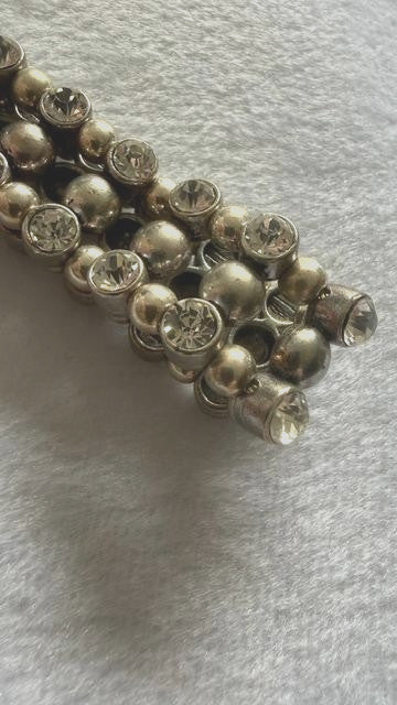 Silver Tone Multi Row Stretch Bracelet Clear Rhinestones Beaded Cuff 3/4" Wide