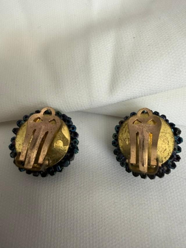 Pair Vintage Round Dark Blue AB Beaded Earrings