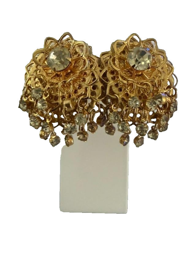 Vintage Gold Tone Filigree Rhinestone Dangle Clip On Earrings