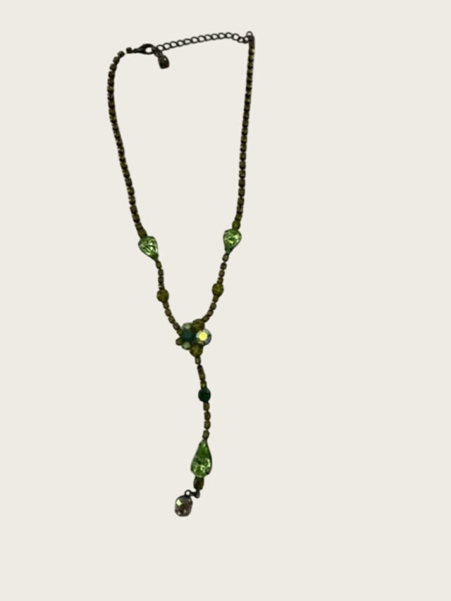 Tiara Misu signed green rhinestone crystal Y-drop lariat necklace