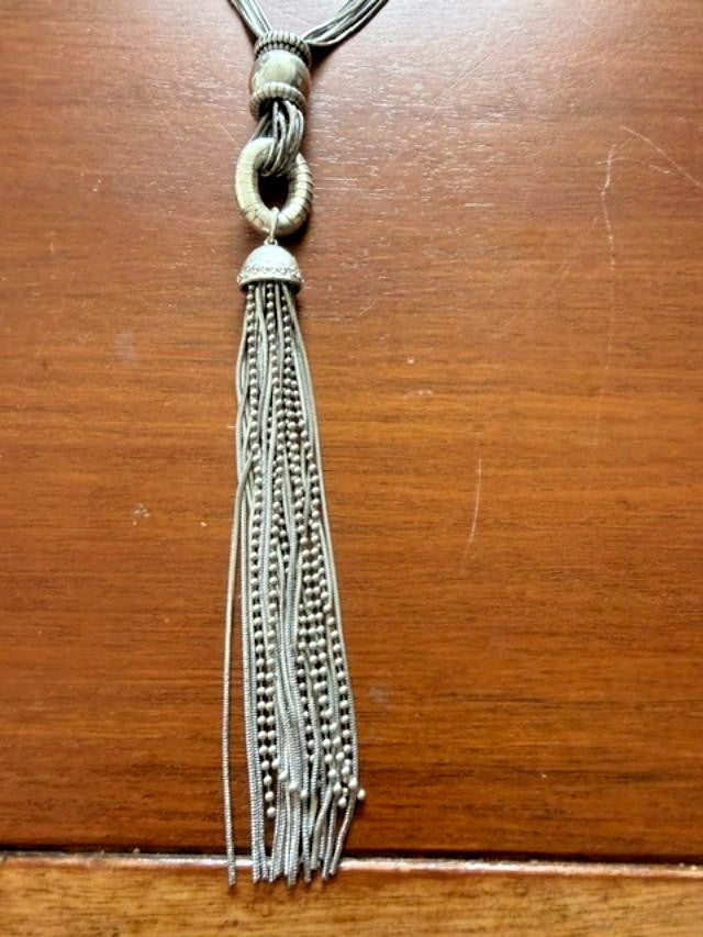 Chico’s Silver Tone Multi Strand Chain Tassel Necklace 33” Long 8” Pendant