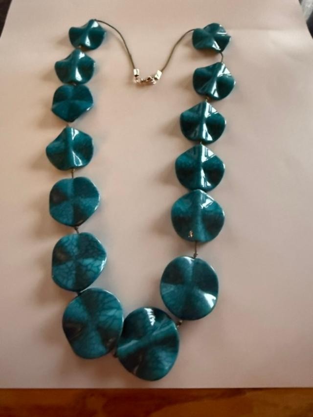 Teal Faux Turquoise Large Sculptural Bead Necklace 30" individually Knotted