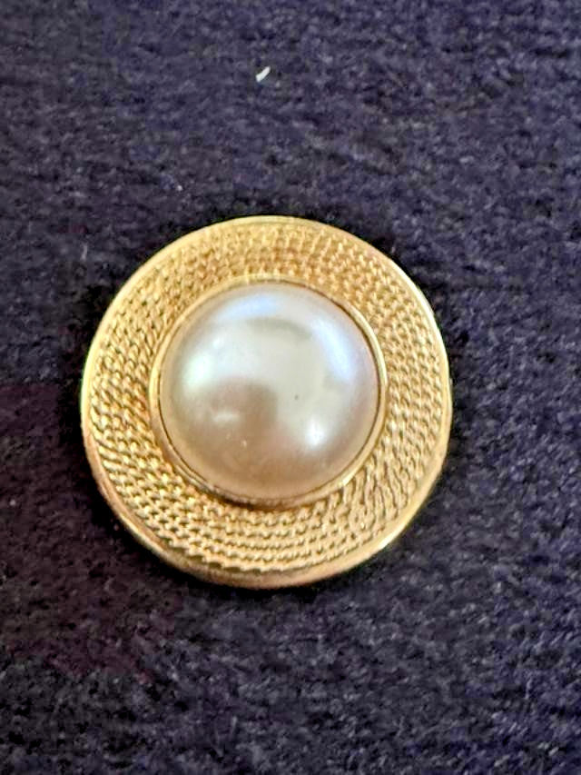OOAK Faux Pearl Gold Tone Round Brooch Upcycled Vintage Earring Pin 1.5"