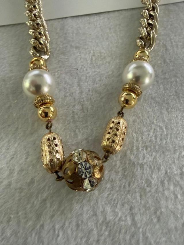 Vintage Gold Tone Curb Chain Necklace Faux Pearl Rhinestone Accent 18"