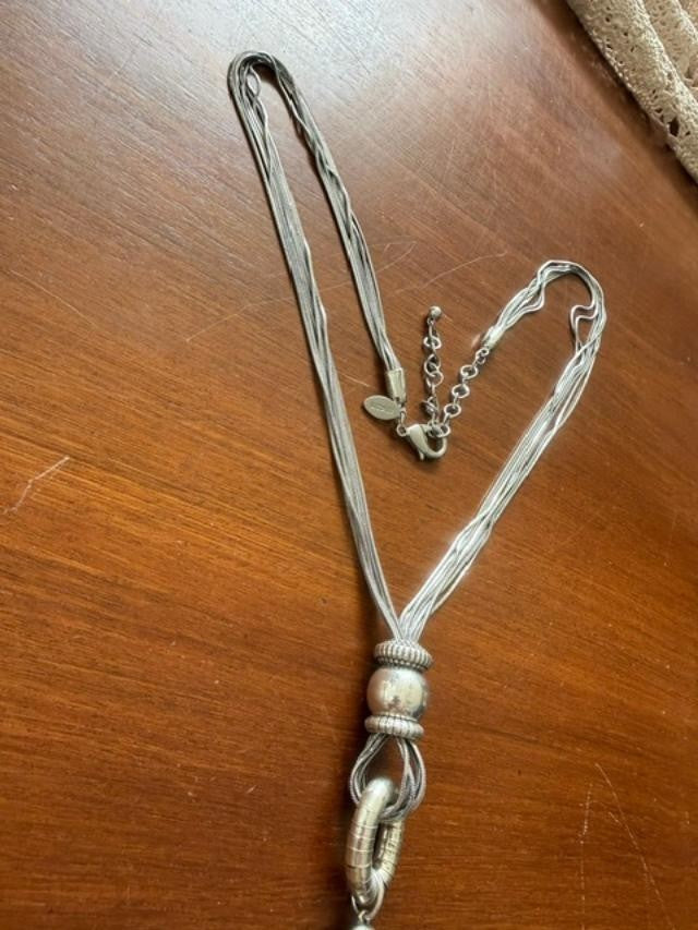 Chico’s Silver Tone Multi Strand Chain Tassel Necklace 33” Long 8” Pendant