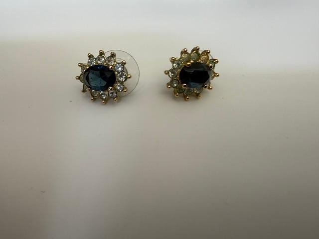 Earrings Glass Blue simulated  Sapphire and Rhinestone Post Stud