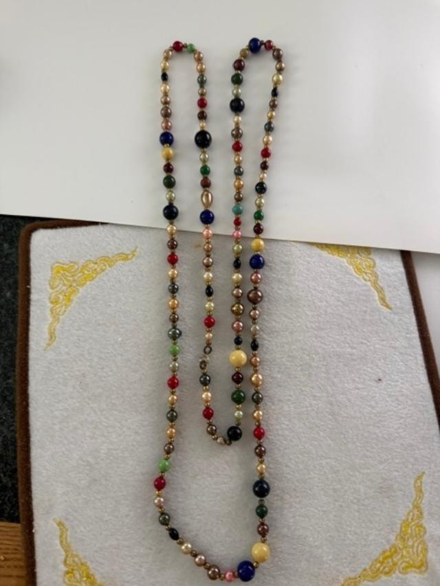 Vintage Multi Gemstone Glass Beaded Long Strand Necklace Boho Colorful 34 Inch