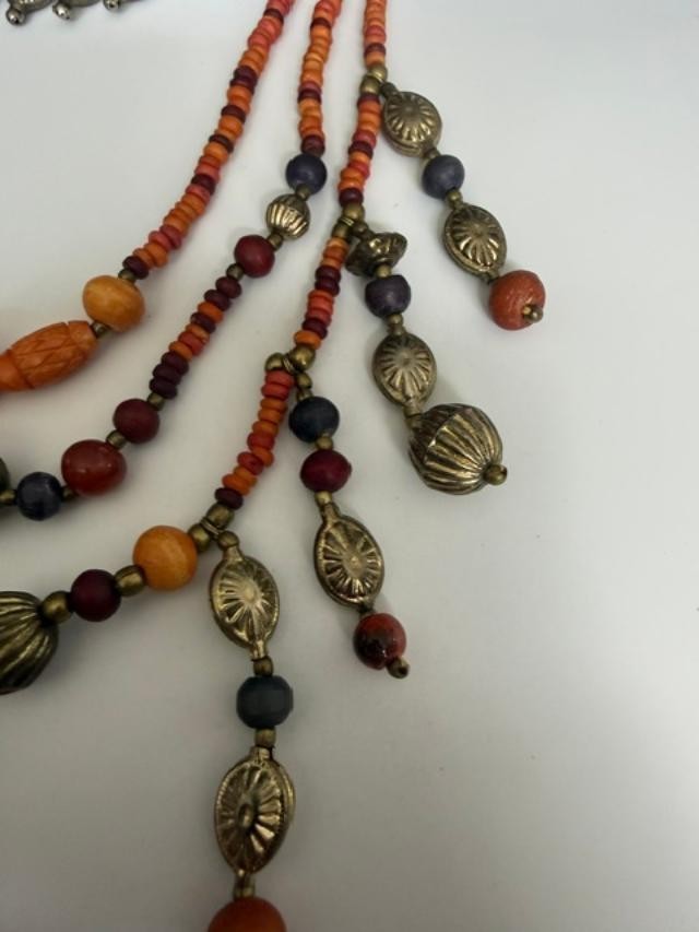 Boho Tribal Bead Necklace Earrings Set Orange Red Brass Tone Dangles
