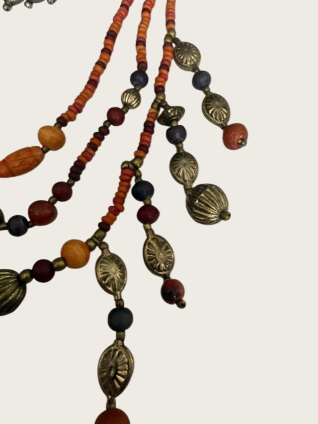 Boho Tribal Bead Necklace Earrings Set Orange Red Brass Tone Dangles