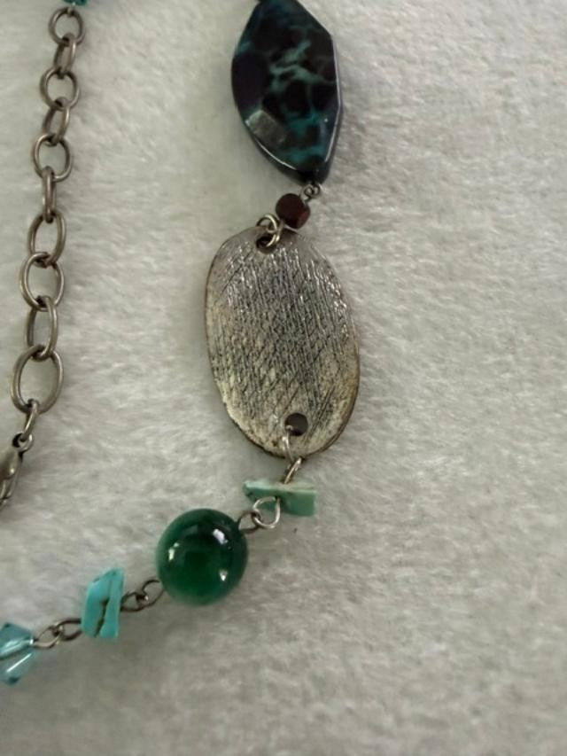 Boho Long Station Necklace Silver Tone Teal Resin Glass Beads Turquoise Chips 34