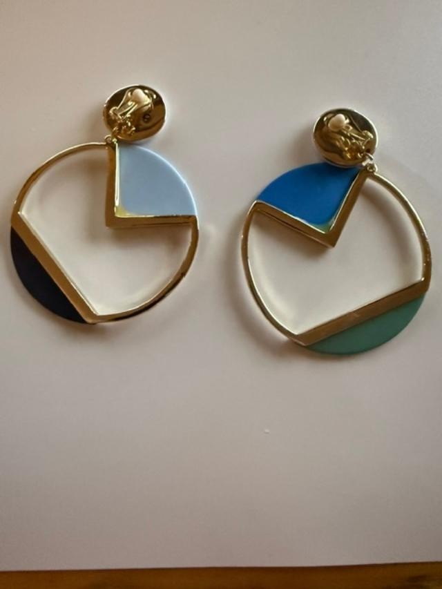 Color Block Enamel Clip-On Earrings Gold Tone Blue Green Mismatched 2.25"