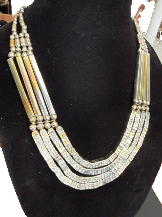 Vtg Egyptian revival tribal statement Bib necklace silver tone beads