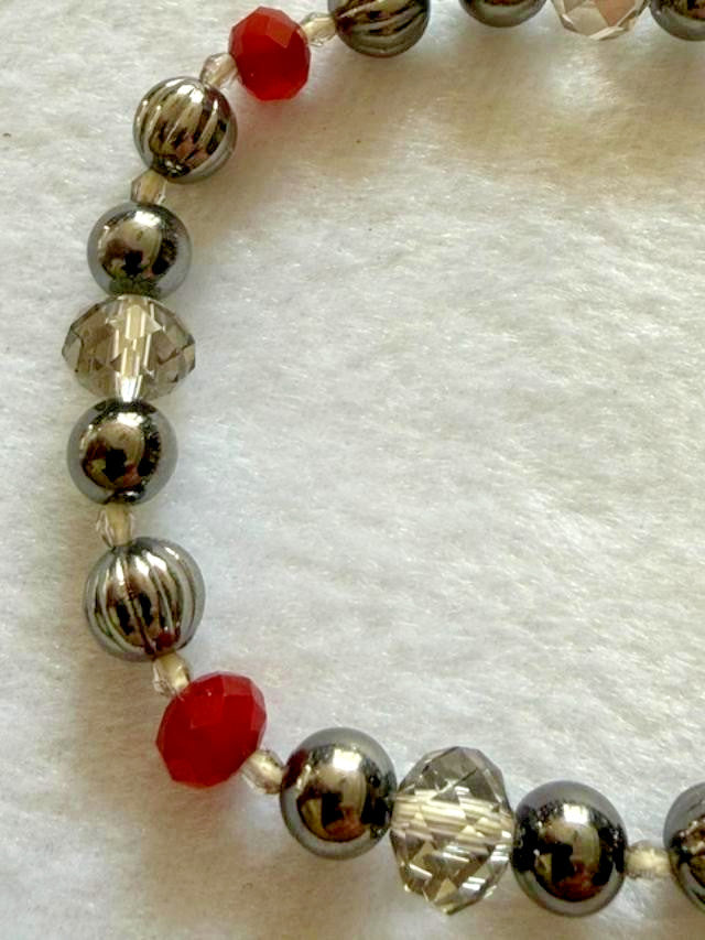 Handmade Red Crystal Gunmetal Beaded Stretch Bracelet Silver Tone