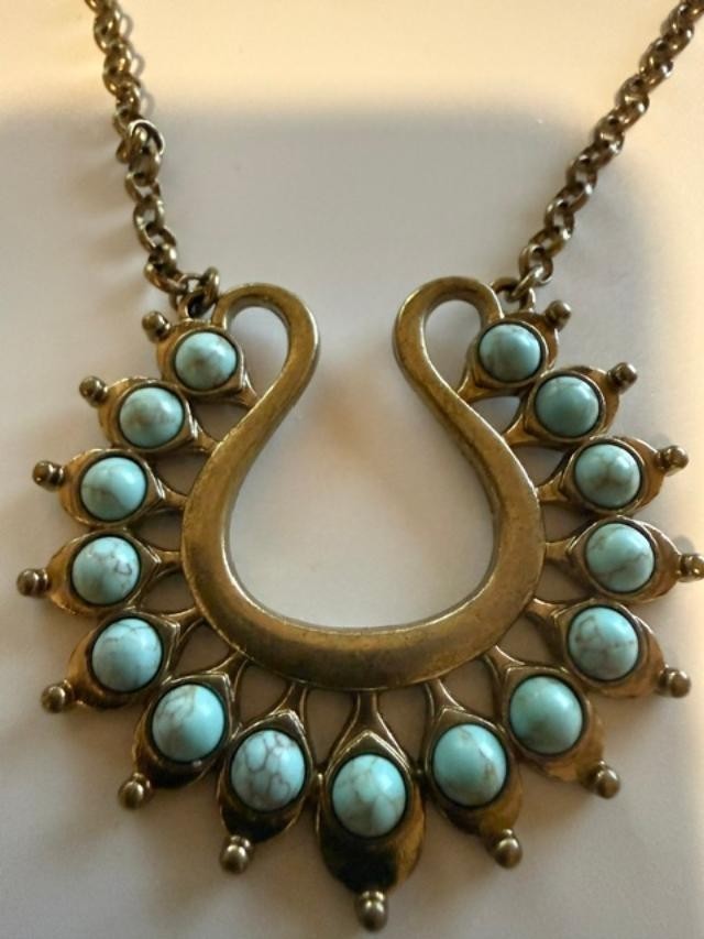 Premier Designs Lotus Faux Turquoise Horseshoe Pendant Necklace 34” Boho