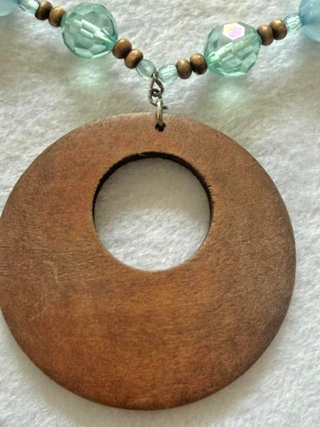 Boho Wood Donut Pendant Beaded Necklace Aqua Brown Glass Beads 20"