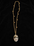 Vintage Gold Tone Venetian Masquerade Mask Pendant Necklace Enamel Rhinestone 31