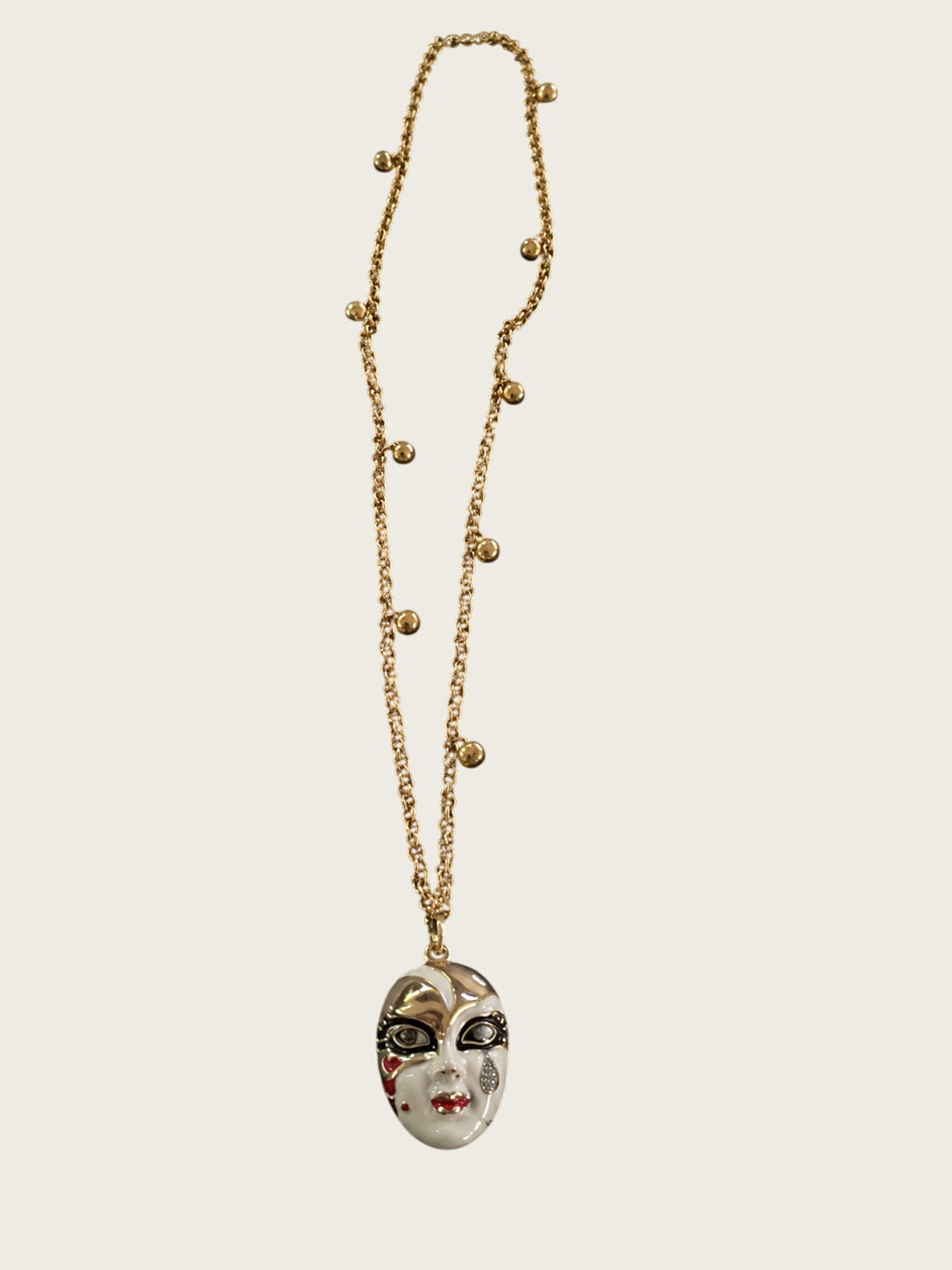 Vintage Gold Tone Venetian Masquerade Mask Pendant Necklace Enamel Rhinestone 31